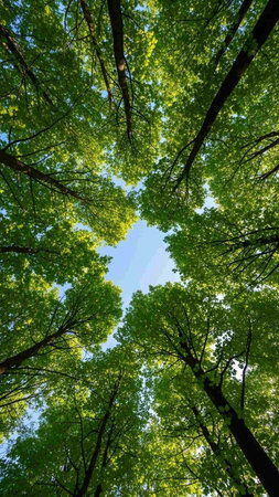 green forest trees view from below into the sky. nature green wood sunlight backgroundsの写真素材