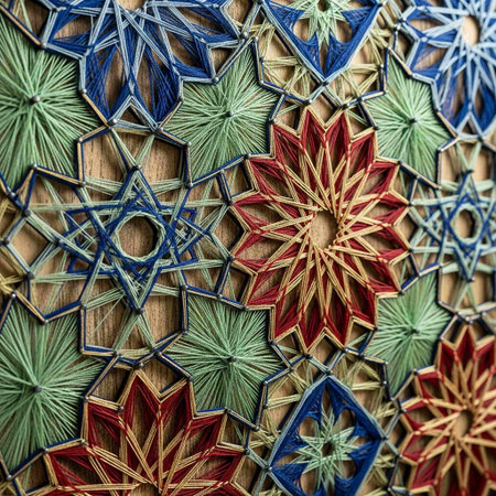 Colorful wooden star pattern on a wooden background. Selective focus.