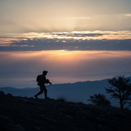 Silhouette of person with rifle on top of mountain at sunsetの写真素材