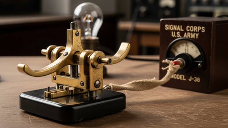 Vintage brass scale on a wooden tableの写真素材