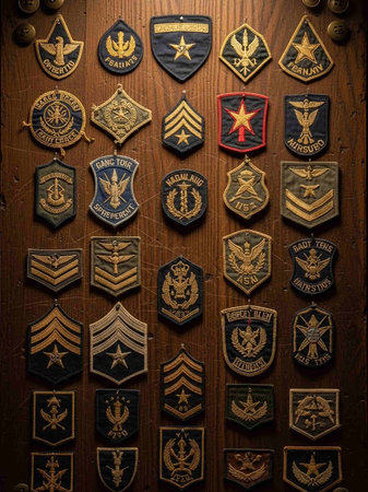Old military badges on a wooden wall. Selective focus. Toned.の写真素材