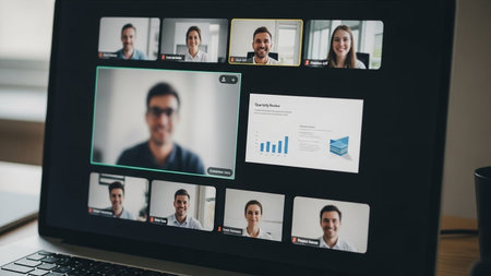 Laptop with video conferencing app on screen. Videoconferencing concept.の写真素材