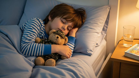 Cute little boy sleeping in bed with teddy bear toy at homeの写真素材