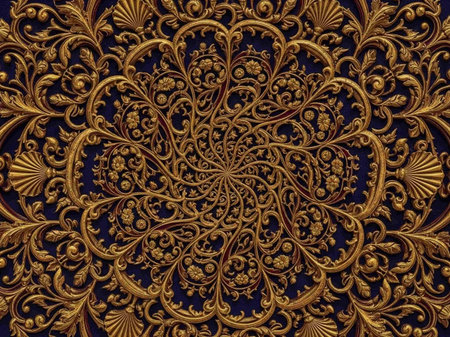 Detail of a gold ornament on a blue background. Decorative elementの写真素材