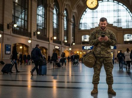 Young male soldier using mobile phone at train station in London, UKの写真素材