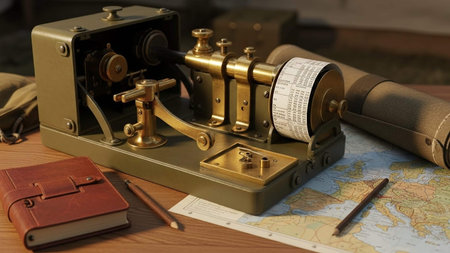 Vintage device on the background of a map and stationery.