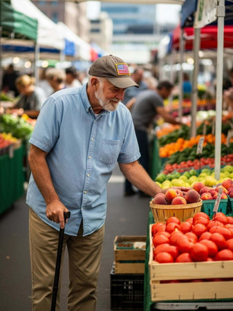 Senior man buying fruits and vegetables at the farmers marketの写真素材