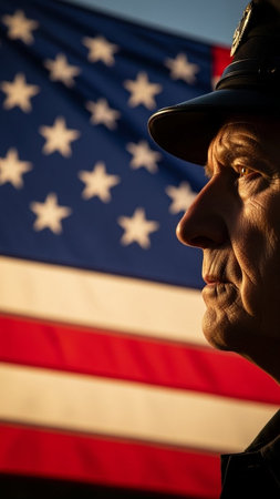 Close-up portrait of a senior citizen in the background of the American flagの写真素材