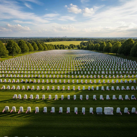 Aerial view of rows of headstones at a military cemetery in Germany
