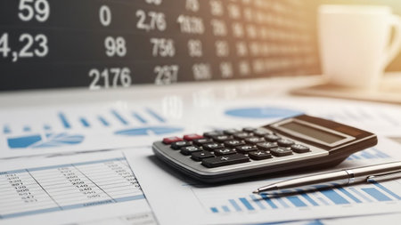 Calculator and pen on the business paper with financial graph.の写真素材