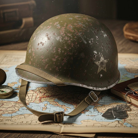 Vintage military helmet on old map. Selective focus. Vintage style.の写真素材