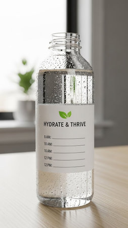 Bottle of water with label on table in kitchen, closeup