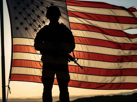 Silhouette of a soldier holding an American flag in the background