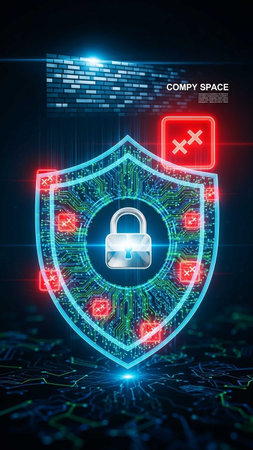 Cyber security concept. Shield with padlock on digital background. 3D Renderingの写真素材