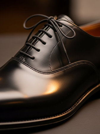 Men's black leather shoes. Shallow depth of field. Selective focus.