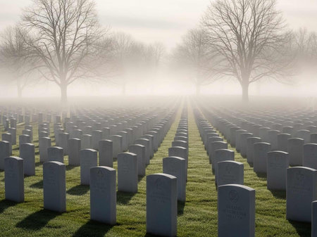 Graves at the war cemetery in the morning fog, UK.の写真素材
