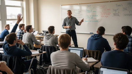 Speaker Giving Presentation To Audience At Meeting In Classroomの写真素材