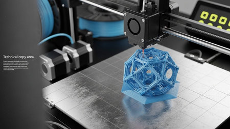 3d rendering of 3d printer printing blue cube on 3d printer