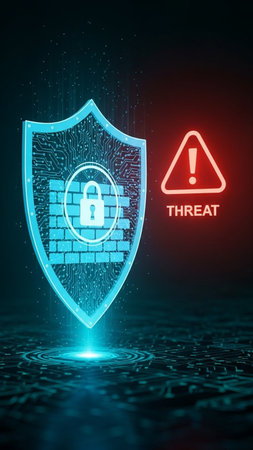 Cyber security concept with shield and exclamation mark. 3D Rendering