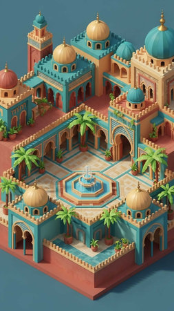 isometric mosque and palm trees on the background of the blue sky