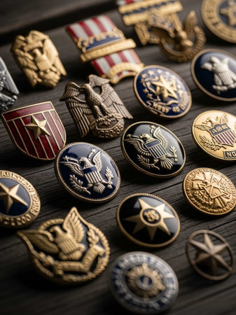American military badges on wooden background. Selective focus. Shallow depth of field.の写真素材