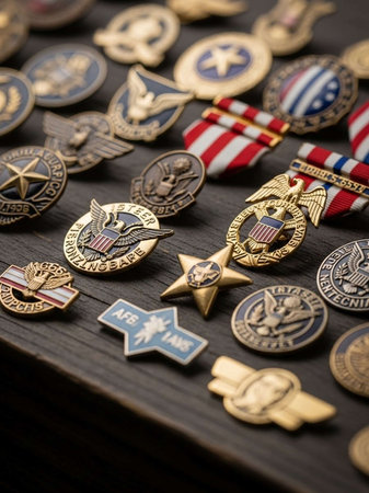 American military badges on a wooden table. Close-up. Selective focus.の写真素材