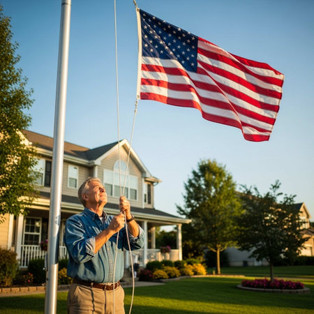 Senior man holding american flag in front of house in suburban neighborhoodの写真素材