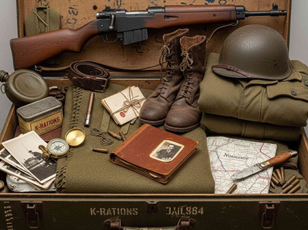 Vintage military equipment on the background of a suitcase with a map