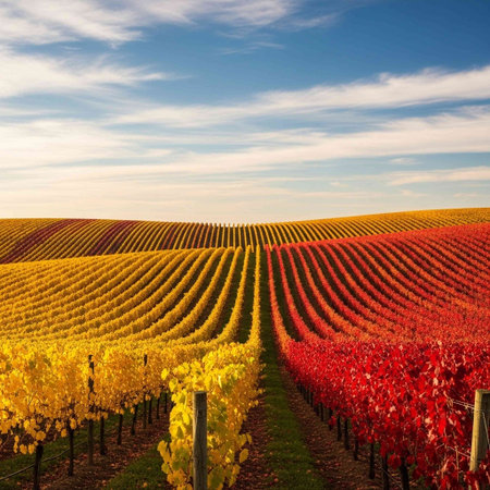 Vineyards in fall colors in South Moravia, Czech Republicの写真素材