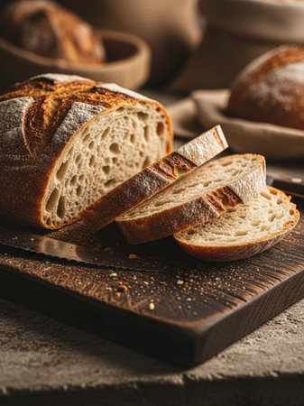 Slices of bread on a cutting board, selective focus.の写真素材