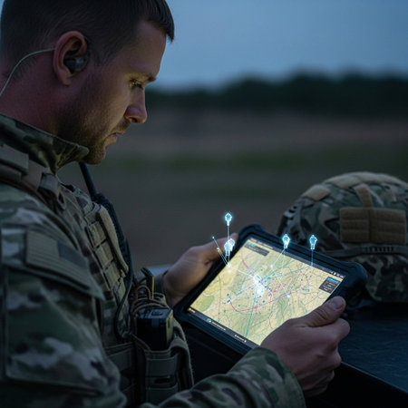 close up of soldier using tablet pc with map on screen at night