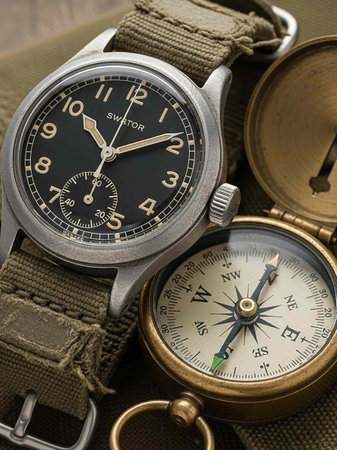 Wristwatch, pocket watch and compass on the background of military equipment