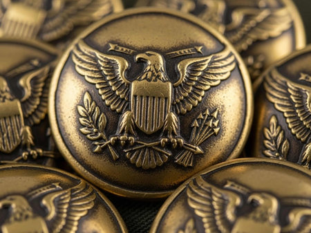 Close up of a badge on a pile of coins.