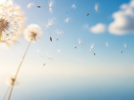 Dandelion seeds flying in the wind on blue sky background.の写真素材