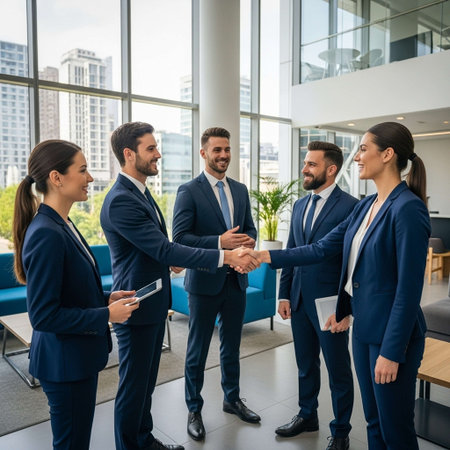 Group of business people shaking hands and smiling while standing in the office
