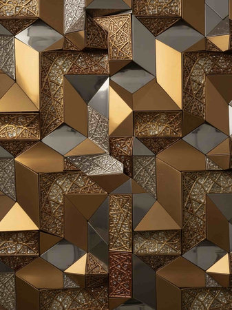 Closeup detail of decorative gold and brown marble mosaic wall background.