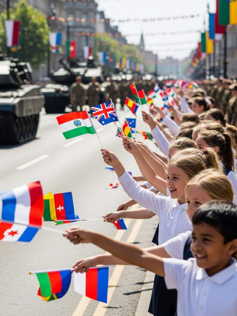 Unidentified schoolchildren waving flags during a parade in Stockholm.の写真素材