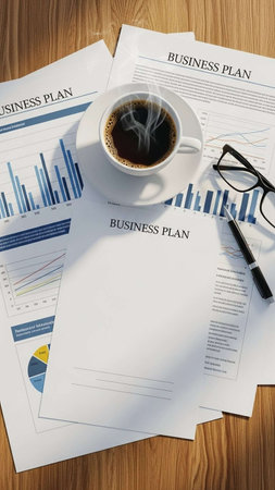Top view of business documents with coffee cup and glasses on wooden tableの写真素材
