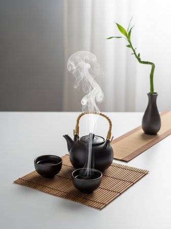 Teapot and cup of hot tea on bamboo mat on white table