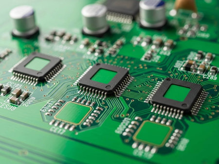 Close-up of electronic circuit board with microchips and capacitors