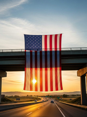 American flag on the highway at sunset. USA. Concept of freedom.