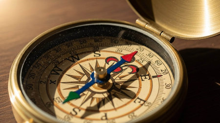 Compass on a wooden surface. Vintage style. Selective focus.