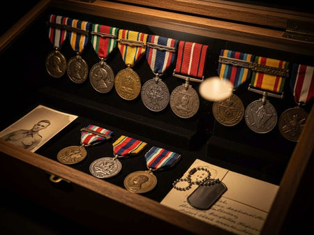 Old military medals in wooden box. Selective focus. Toned.