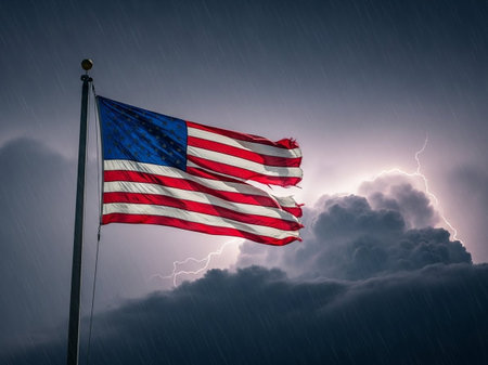 Flag waving in stormy sky. 3D Rendering