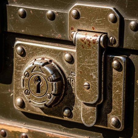 closeup of a rustic old padlock on a wooden surfaceの写真素材