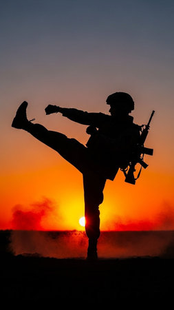 Silhouette of a special forces soldier with assault rifle at sunsetの写真素材