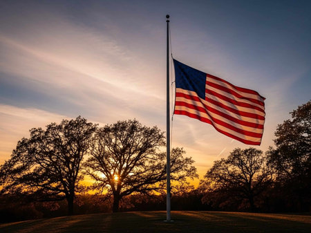 American Flag at Sunset in Central Park, New York City, USAの写真素材