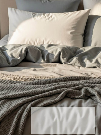 close up of white and gray pillows on bed with knitted blanket