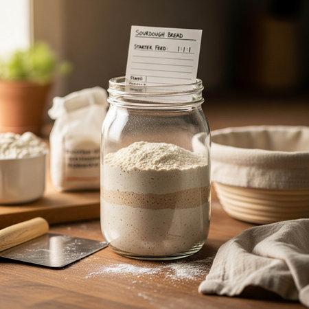 Wheat flour in a glass jar on a wooden table with kitchen toolsの写真素材