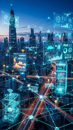 Modern city at night with wireless connection and internet of things concept.